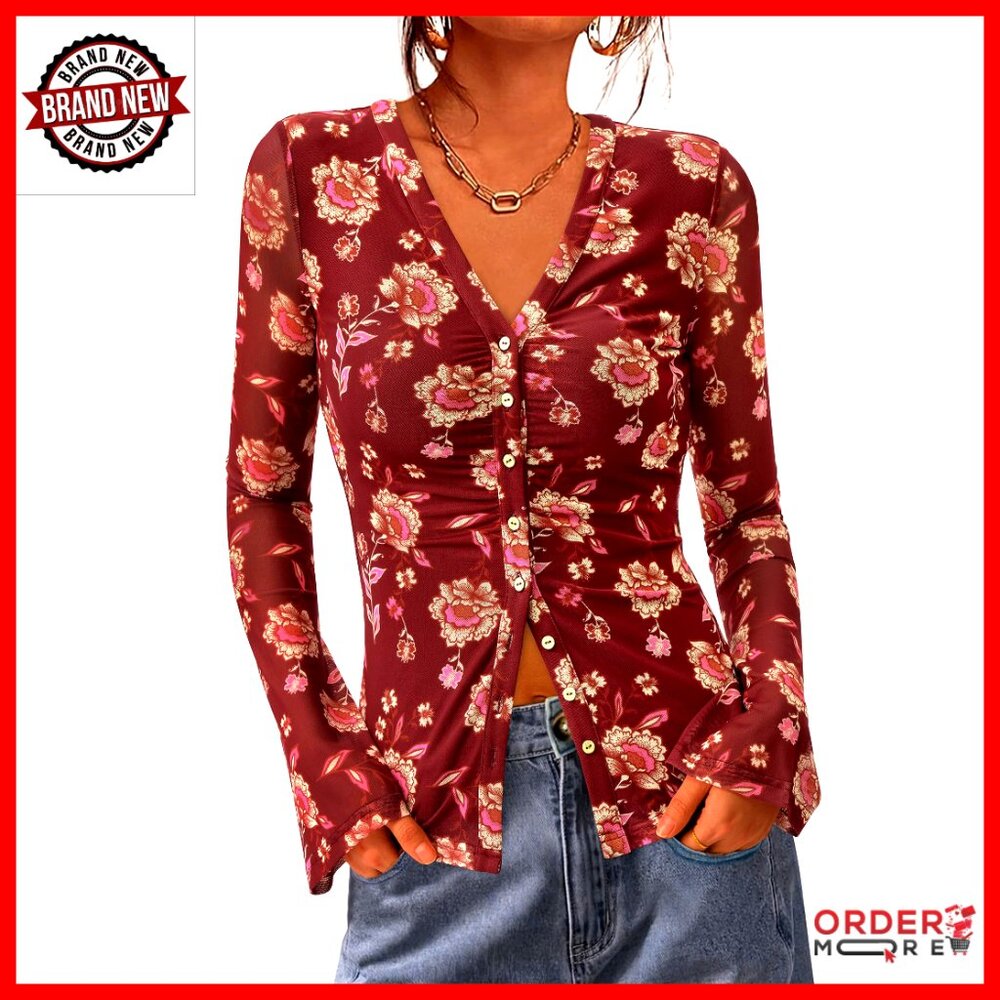 Floral Mesh Button Down Blouse Long Sleeve Ruched Fitted Boho Top